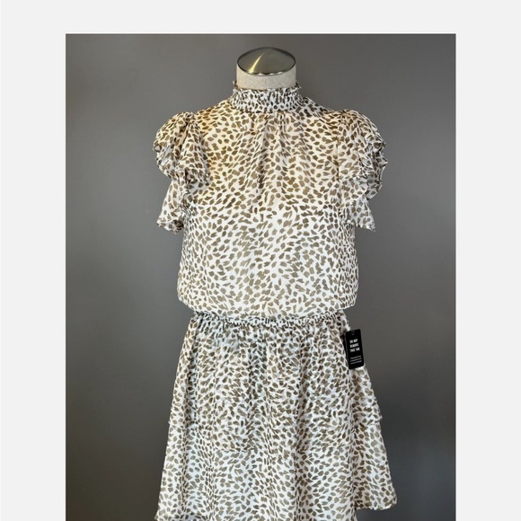 Express Dresses & Skirts - Express White and Tan Mini Dress with Ruffle Shoulders